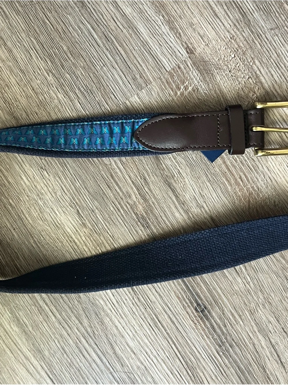 Vineyard Vines Teal Patterned Fabric Belt with Brown Leather Trim